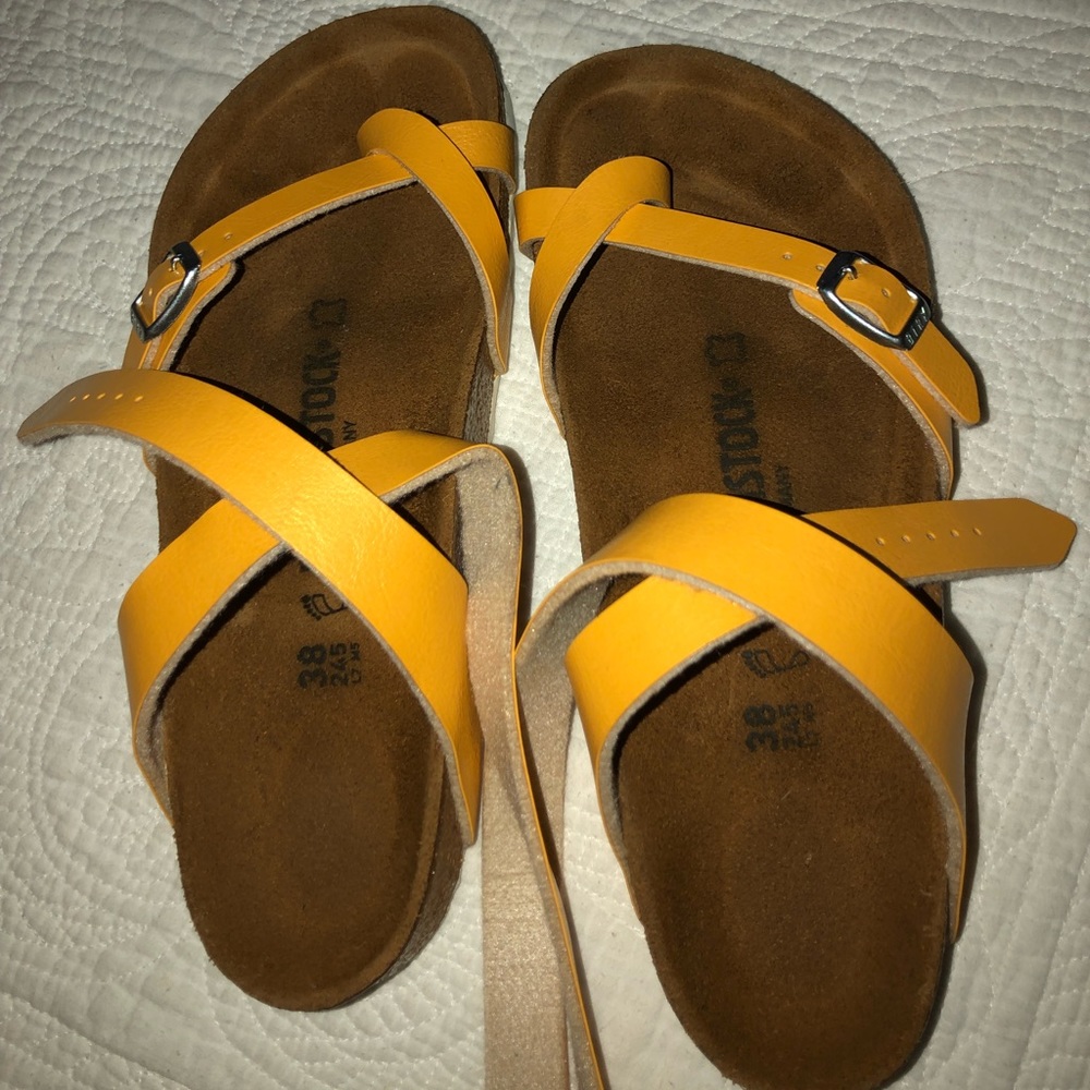 Yellow wrap around the ankle Birkenstock’s!